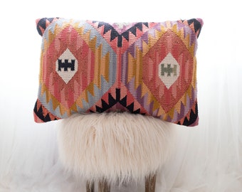 Multicolor Boho Kilim Lumbar Throw Pillow Cover 16 x 24 inch, Moroccan Multicolor With Pink Metallic Color - Boho Lumbar Pillow Cover