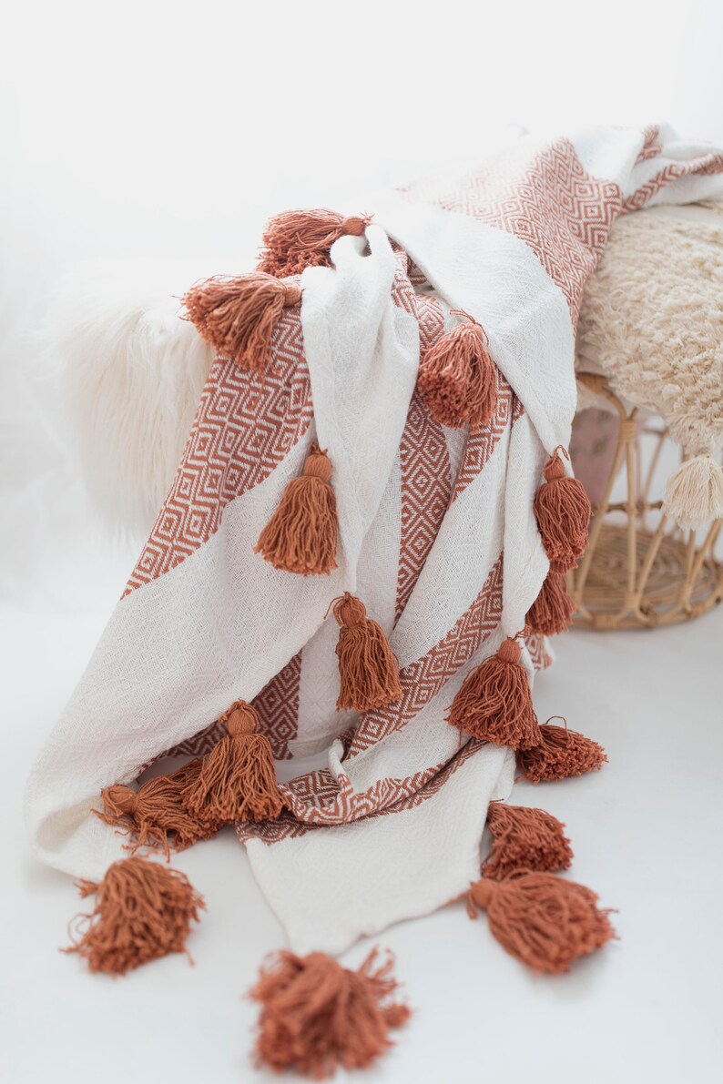 Woven Cotton Throw Blanket With Tassels Tassels Blanket Rust Etsy