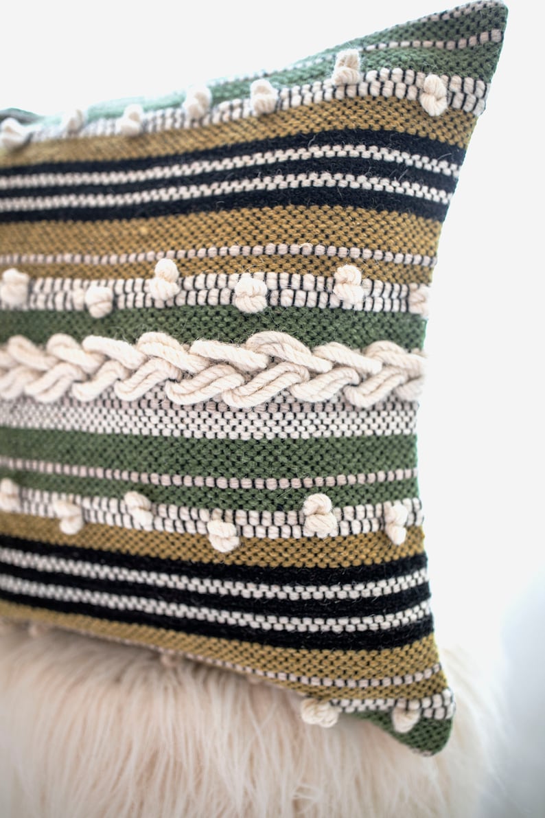 Boho Striped Tufted and textured 20 x 20 inch Green Striped Multicolor Pillow Cover Adele Pillow Cover Hand Woven Throw Pillow Cover