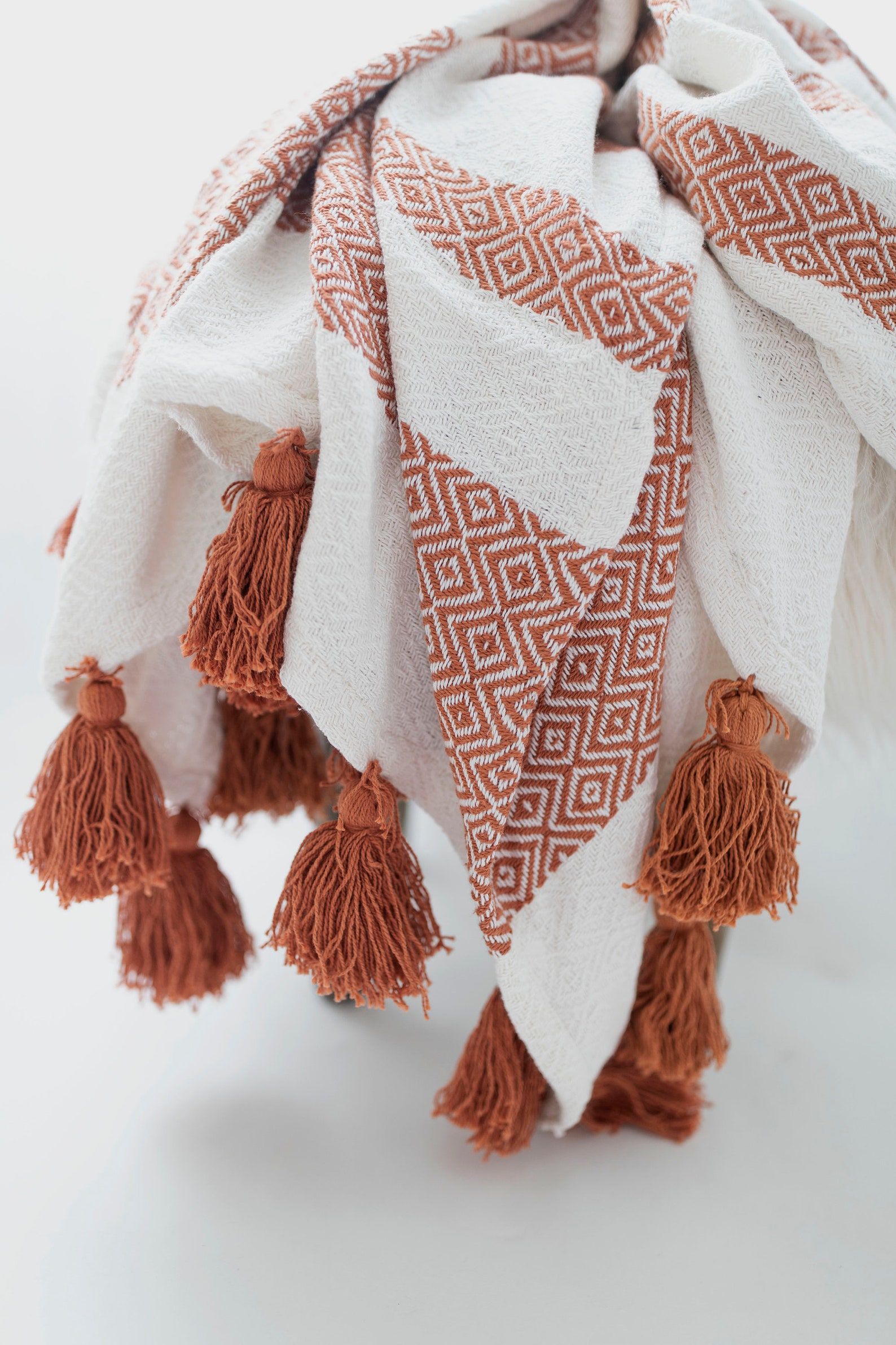 Woven Cotton Throw Blanket with Tassels Tassels Blanket Rust Etsy