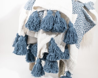 Teal Blue Bohemian Throw Blanket: Woven Cotton with Tassels (50 x 60 Inches)