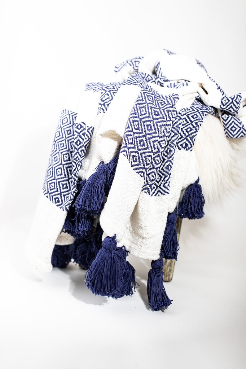 Woven Cotton Throw Blanket With Tassels Tassels Blanket Blue Etsy