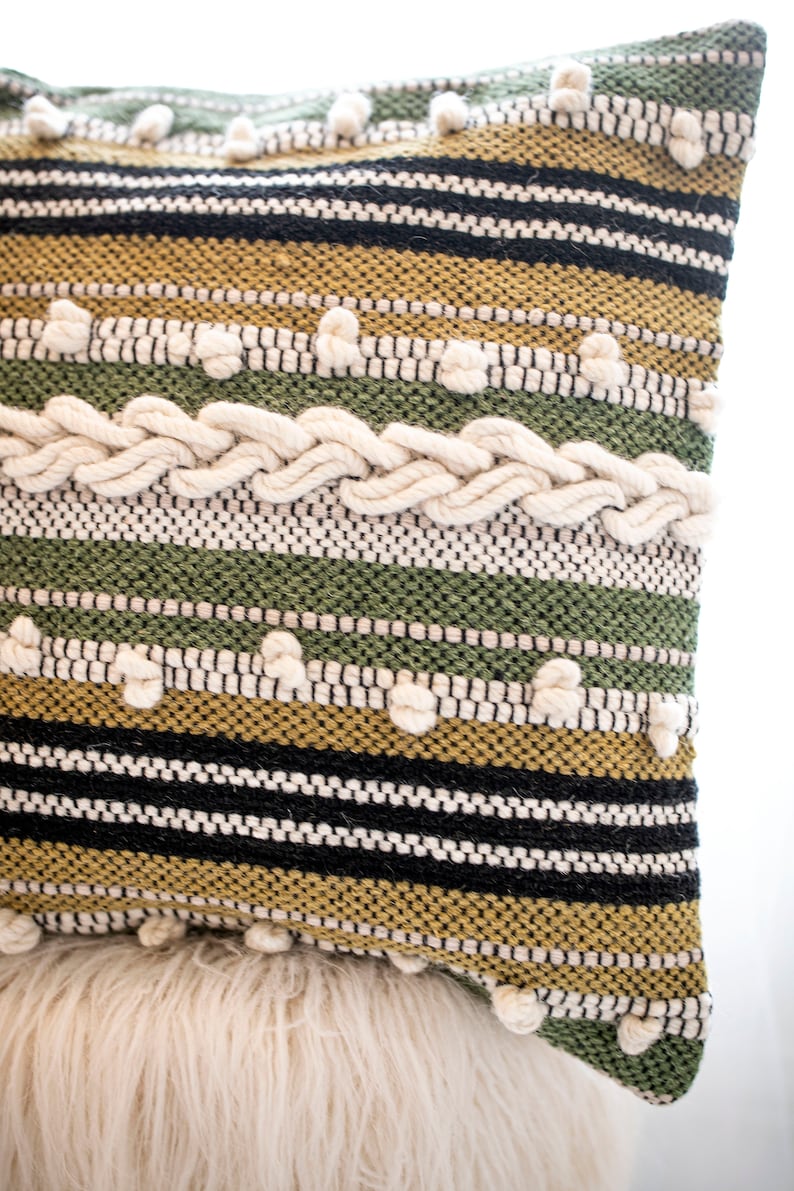 Boho Striped Tufted and textured 20 x 20 inch Green Striped Multicolor Pillow Cover Adele Pillow Cover Hand Woven Throw Pillow Cover