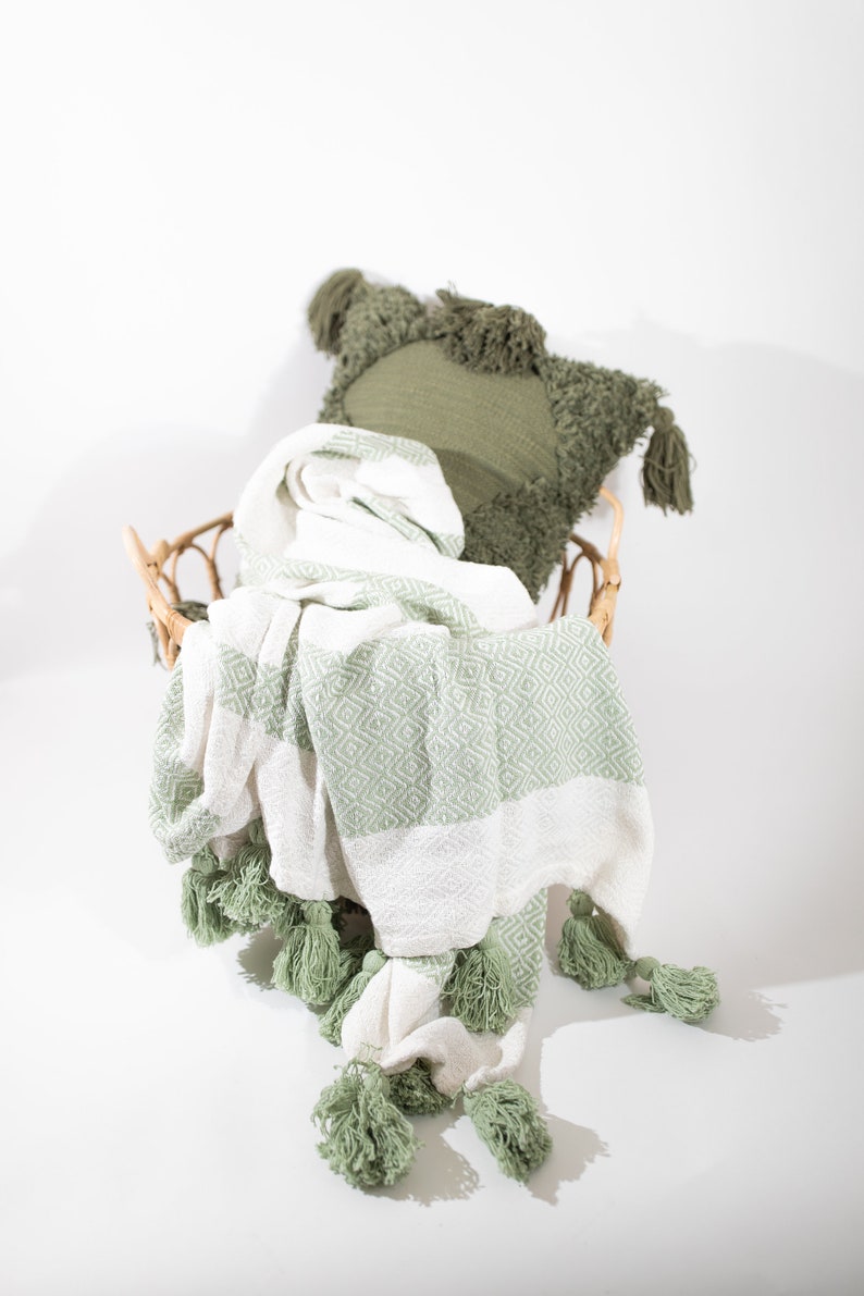 May include: A white and green throw blanket with tassels, folded and placed in a wicker basket with a green throw pillow.