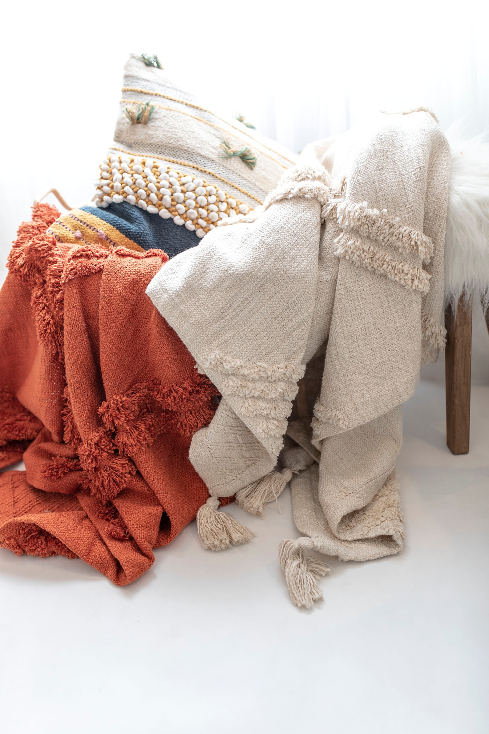 Rust Burnt Orange Cotton Woven Throw Blanket With Tassels Bohemian Throw Blanket Cotton Throw