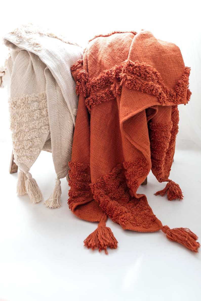Rust Burnt Orange Cotton Woven Throw Blanket With Tassels Etsy