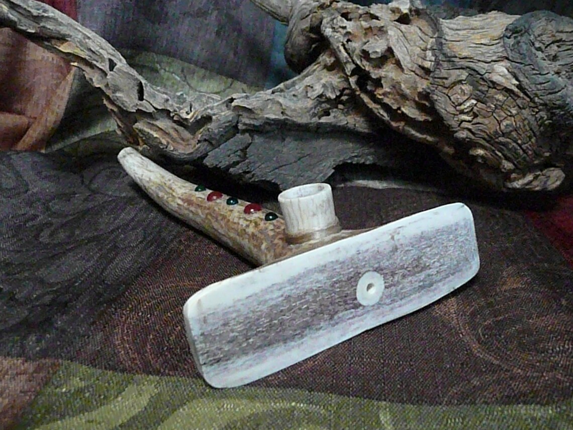 Polished Elk Antler Pipe With Vintage Glass Cabochon Insets Etsy