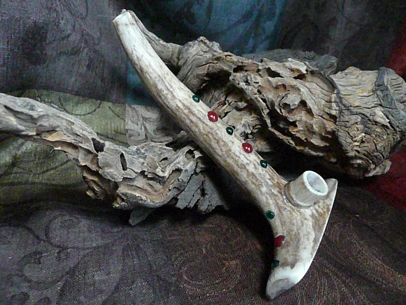 Polished Elk Antler Pipe With Vintage Glass Cabochon Insets Etsy