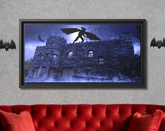 Gothic Castle Horror Framed Canvas Art | Winged Creature on Moonlit Castle | Dark Atmospheric Wall Décor