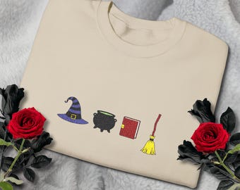 Halloween Witch Embroidered Sweatshirt | Witch Hat, Broom, Spell Book, Cauldron | Cozy Spooky Fall Gift | Gildan 18000