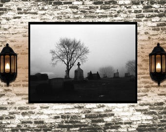 Cemetery Print, Halloween Art Print, Horror Gift, Creepy Poster, Dark And Moody Landscape, Black And White, Cemetary Wall Art, Birthday Gift