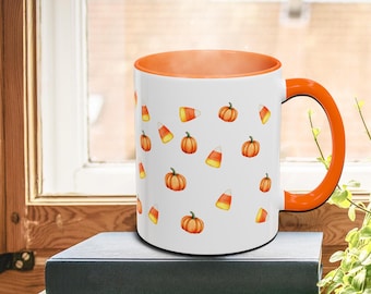 Halloween Pumpkin and Candy Corn Mug | Cute Fall Accent Mug Gift | 11oz / 15oz Ceramic