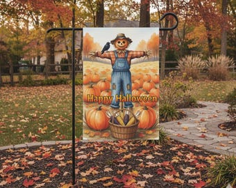 May include: A garden flag featuring a scarecrow with a crow perched on its arm, surrounded by pumpkins. The flag reads "Happy Halloween" in orange lettering. A basket of corn and pumpkins is at the scarecrow's feet. The background shows an autumn scene.