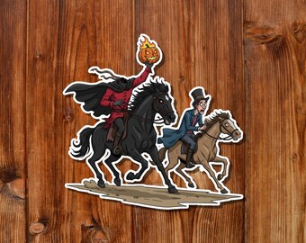 Legend of Sleepy Hollow Sticker | Headless Horseman Chasing Ichabod Crane | Gothic Folklore Vinyl Decal Gift | Kiss Cut Waterproof Sticker