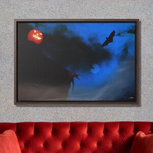 Horror Art Framed Canvas Print, Gothic Halloween Decoration, Pumpkin Jack O Lantern Scarecrow, Creepy Art Print, Goth Gift, Dark Landscape