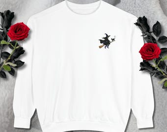 Embroidered Witch Sweatshirt, Halloween Fall Crewneck, Relaxed Fit, Cotton Polyester, Goth Horror Gift, Spooky Apparel