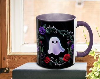 Floral Ghost Coffee Mug | Cute Gothic Ghost With Flowers | Spooky Aesthetic Accent Mug Gift | 11oz Ceramic