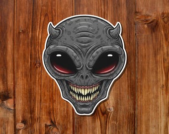 Alien Monster Sticker | Scary Gray Alien Head | Sci Fi Horror Vinyl Decal Gift | Kiss Cut Sticker