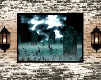Decorazione murale spettrale per cimitero / Foto di cimitero cupa e suggestiva / Poster di Halloween per cimitero - Regalo