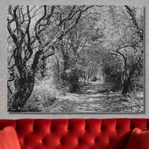 Stampa su tela con paesaggio scuro in bianco e nero, regalo per gli amanti dell'horror, stampa su tela con foresta infestata e inquietante, decorazione gotica