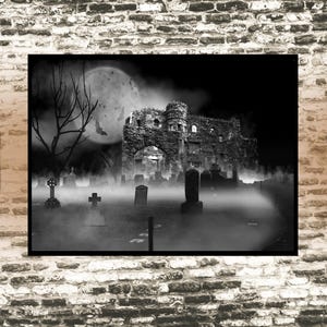 Gothic Castle Cemetary Wall Art, Dark Landscape Gothic Picture, Birthday Gift, Halloween Print, Black And White Cemetery Photo Gift For Home