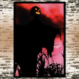 夕焼けポスター、ハロウィンウォールアート、ダークアートプリント、ゴシックインテリア、男性向けホラーギフト、かかし、不気味なポスター、女性向けゴスガールギフト