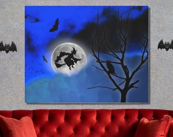 Halloween Canvas Wall Art | Full Moon and Witch | Unique Goth Gift For Horror Fans | Creepy Wall Decor