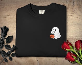 Embroidered Cute Ghost T-shirt | Stitched Halloween Ghost | Cozy Spooky Fall Gift | Comfort Colors 1717