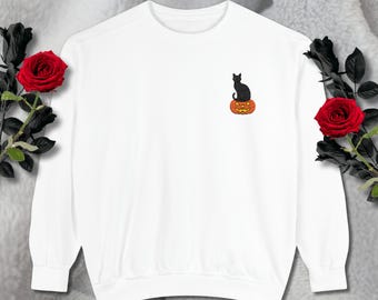 Black Cat Embroidered Halloween Sweatshirt, Spooky Fall Crewneck, Relaxed Fit, Cotton Polyester, Goth Horror Gift