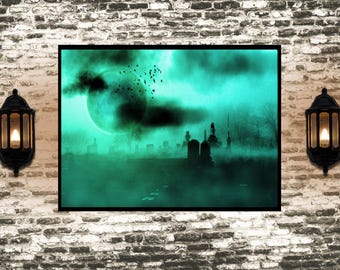 Stampa horror di un cimitero illuminato dalla luna / Decorazione murale per cimitero, poster di Halloween / Regalo horror con foto di cimitero