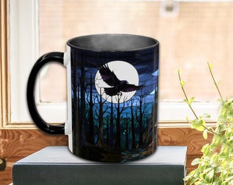 Stained Glass Gothic Raven Mug | Raven, Full Moon, Haunted Forest and Castle | Halloween Accent Mug Gift | 11oz Ceramic
