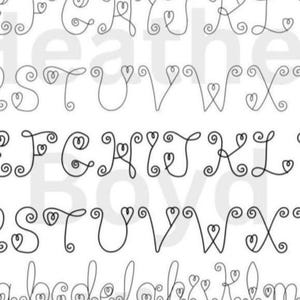 May include: Black line art of the alphabet, featuring uppercase and lowercase letters. Each letter is uniquely designed with swirls and heart-shaped details. The letters are arranged in rows, creating a decorative and artistic display.
