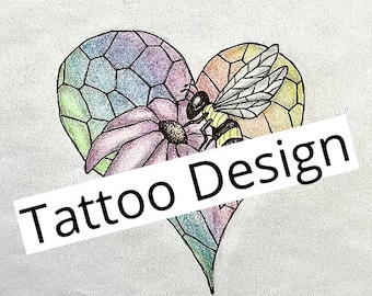 Diseño de tatuaje de abeja en colmena con flor, descarga digital