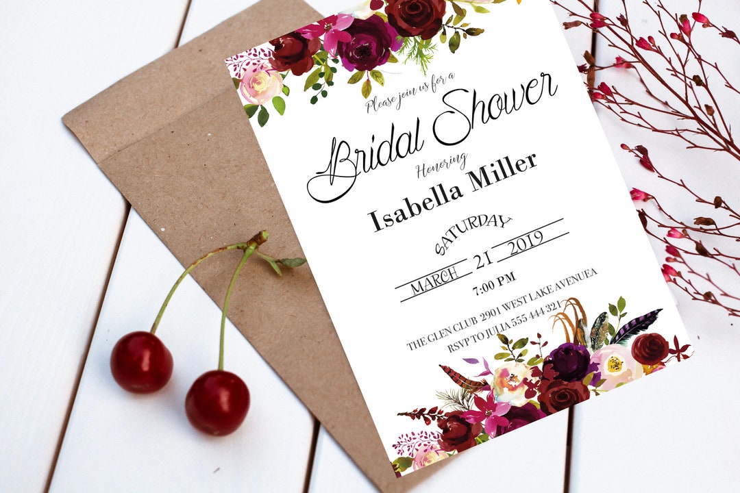 Burgundy Floral Bridal Shower Invitation Template Bridal Etsy