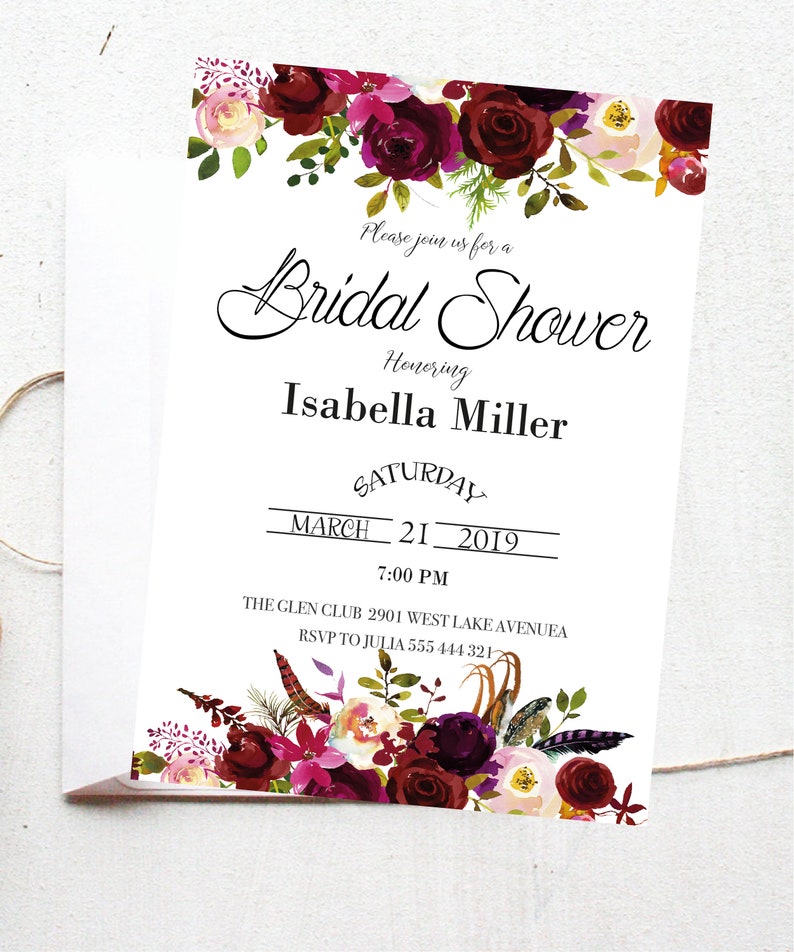 Burgundy Floral Bridal Shower Invitation Template Bridal Etsy