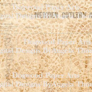 Könnte beinhalten: Ein vintage, cremefarbenes Papier mit einem zarten, sich wiederholenden Muster. Der Text "Dogwood Paper Arts Digital Designs By Angela Thoma" ist in Weiß auf das Papier gedruckt.