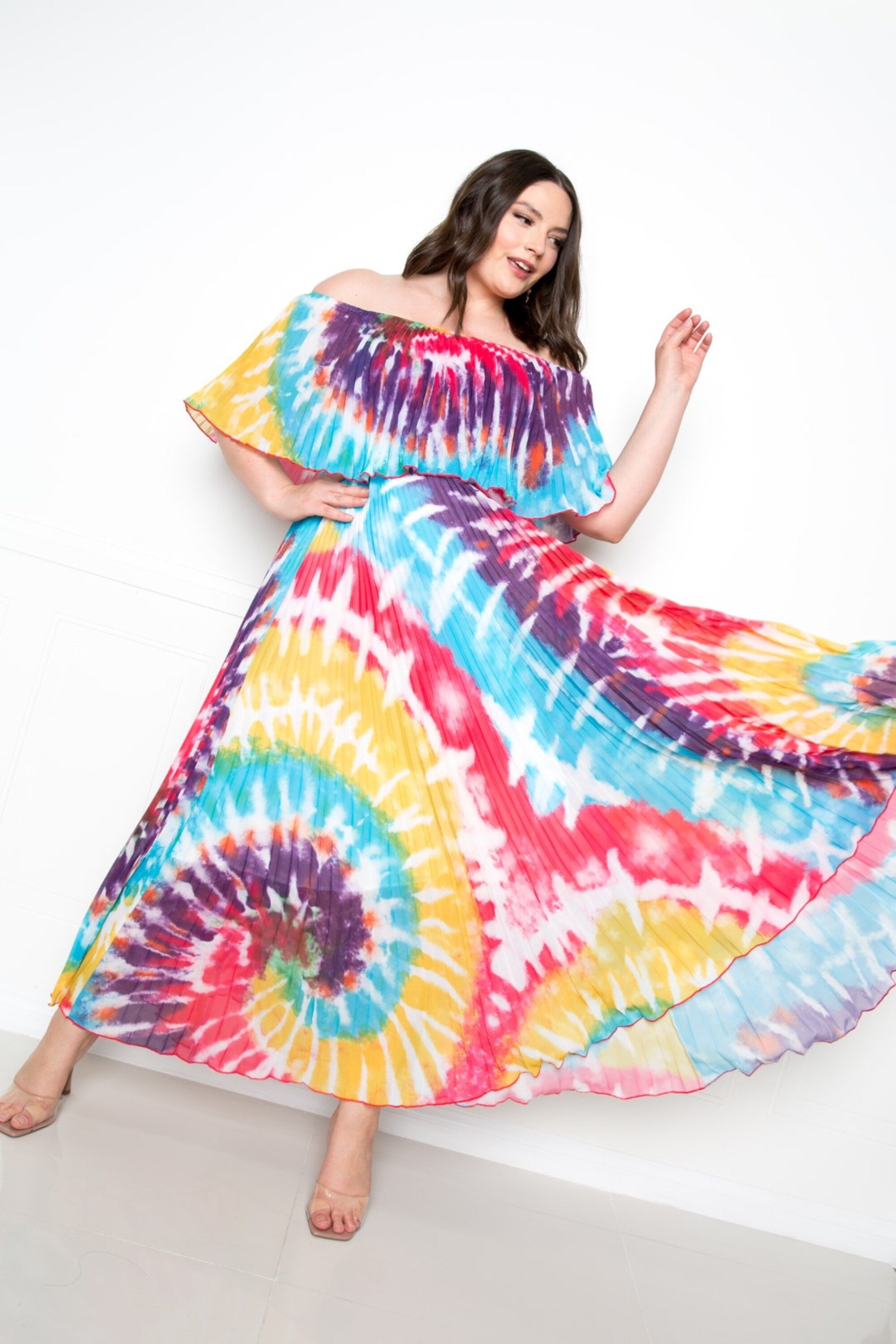 Plus Size Tie Dye Off Shoulder Pleated Maxi Dress Etsy