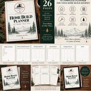 May include: A 26-page home build planner featuring a mountain and pine tree illustration. The cover displays the text Copper & Pine Co. Home Build Planner. Includes sections for project overview, budget, materials, tasks, contacts, and notes.