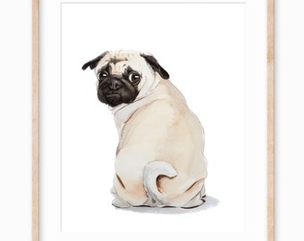 May include: A watercolor painting of a pug dog sitting with its back to the viewer. The dog is light brown with black ears and a black nose. The dog is looking over its shoulder with a curious expression.