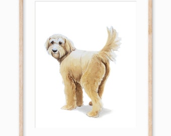 May include: A watercolor painting of a golden doodle dog standing with its tail wagging. The dog is looking back over its shoulder.