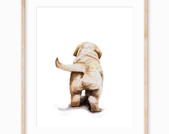 May include: A watercolour painting of a golden retriever puppy walking away from the viewer. The puppy is facing away from the camera and has its tail wagging. The background is white.