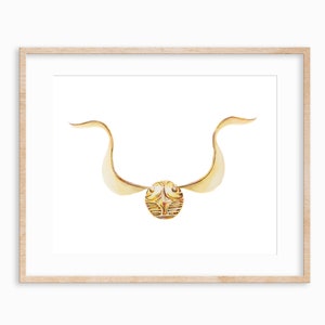 May include: A golden snitch with wings, a popular symbol from the Harry Potter series, is depicted in a watercolor painting.