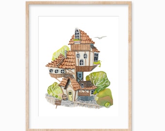 May include: Watercolor illustration of a whimsical multi-story house with a brown tile roof, surrounded by green foliage. The house has multiple windows and a small sign that reads "The Burrow". The artwork is framed in a light wood frame.