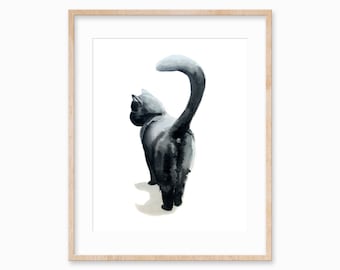 May include: Watercolour painting of a black cat with its tail curled up, viewed from behind. The cat is standing on a white background.