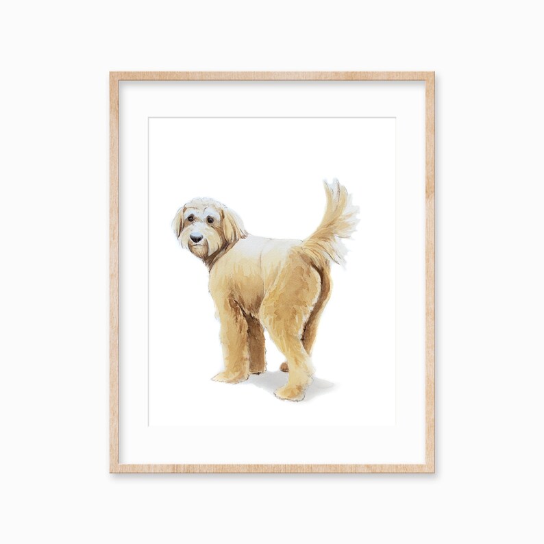 May include: A watercolour painting of a golden doodle dog standing with its tail wagging. The dog is looking back over its shoulder.
