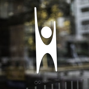 May include: White logo of a person with arms raised, on a glass surface. The logo is a stylized figure with a circular head and elongated body. The text "Enduring Logic" is at the top left and bottom right of the image.