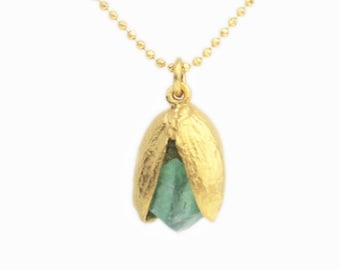 Pistachio necklace with a raw, green fluorite gemstone