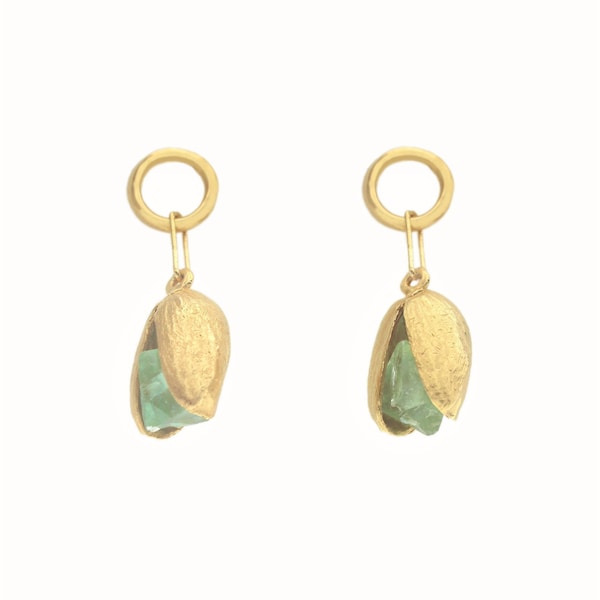 Pistachio earrings with a raw, green fluorite gemstone