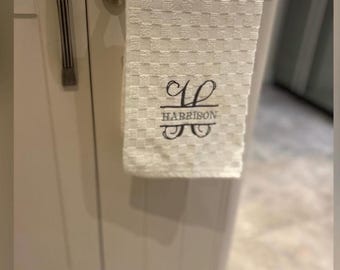 Personalised Embroidered Tea Towel, Custom Name Kitchen Towel, Monogrammed Waffle Cotton, Housewarming Gift