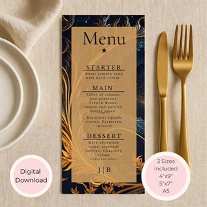 May include: A digital download menu with a navy blue and gold design. The menu includes a starter, main course, and dessert options. The menu is available in three sizes: 4"x9", 5"x7", and A5.